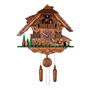 kukoo木制布谷鸟挂钟咕咕钟跷跷板动感实木手工雕刻石英挂钟