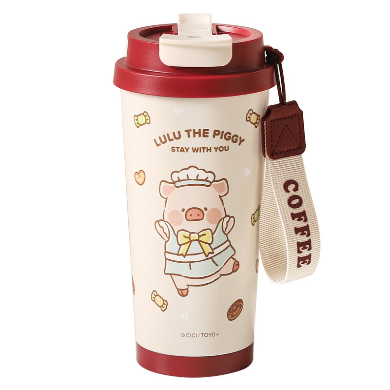 川岛屋&lulu猪联名 保温杯吸管水杯女生高颜值咖啡杯外出携带杯子