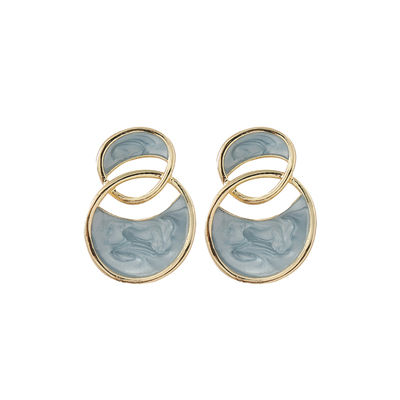 S925银针复古法式蓝色几何耳环女2022年新款潮港风耳钉耳饰品E198