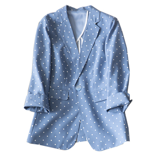 蓝色小波点修身OL小西装24年春季新款七分袖一粒扣西服外套休闲女