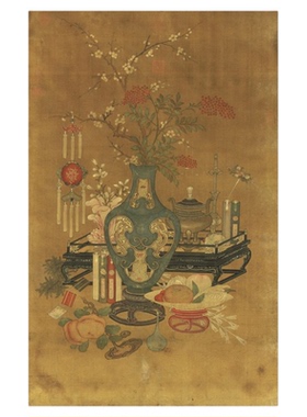 元人丰登报喜图传统岁朝清供画临摹范本中式装饰画艺术绢布画心