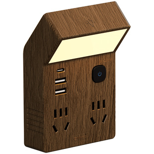 国际电工木纹带20W快充多功能转换插头一转六拓展插座带夜灯插座