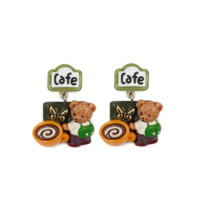 BOMBCACA童话小镇系列 奇遇咖啡店 韩系可爱小熊童趣独特耳环女