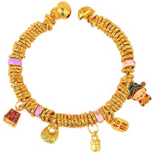 新中式古法沙金烧蓝珐琅彩小财神称心如意盘缠手镯藏式盘缠手链