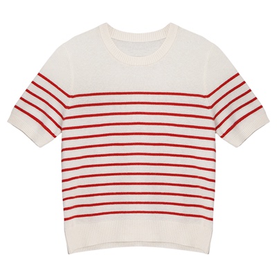 大洪洪【樱桃子酱】春新款100%绵羊毛条纹短袖圆领针织女气质上衣