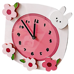 可爱小兔子静音挂钟粉色少女心装饰女儿童房简约时钟卡通挂墙钟表