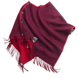 绵羊毛斗篷外套双面异色女秋冬户外防寒防风保暖流苏纽扣披肩新款