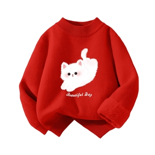 拉夏贝尔女童毛衣冬季上衣女孩加绒针织衫儿童2025红色毛线衣女款