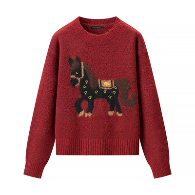 拉夏贝尔/La Chapelle红色新年小马针织衫女春季新款宽松毛衣上衣