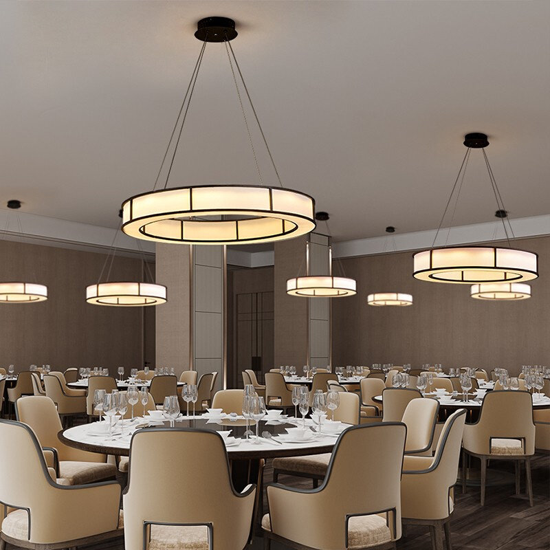 餐厅吊灯新中式饭店包厢餐桌灯圆形复古布艺灯酒店宴会厅餐饮灯具