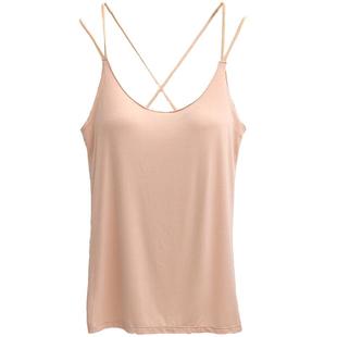 罩杯一体无钢圈吊带背心女上衣带胸垫bra交叉美背莫代尔打底衫薄