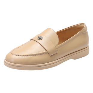 MILLIE'S/妙丽简约乐福鞋女平底豆豆鞋杏色金属装饰女士真皮单鞋