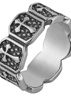 潮男女钛钢复古风十字架盾牌戒指