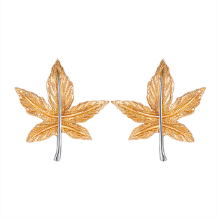 Ree原创 一叶知秋 特殊闪沙工艺18k黄金白金法式优雅枫叶耳钉