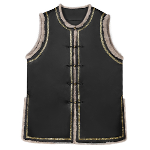 中国丝绸隆鹊黑皮子对襟棉马甲新中式国风冬季新款简约100%桑蚕丝