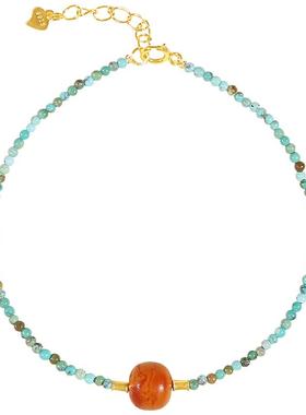 极细天然无优化绿松石+金珀貔貅