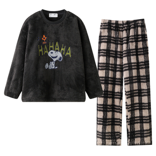 贝妍史努比珊瑚绒情侣睡衣女秋冬款保暖法兰绒家居服男士加厚套装