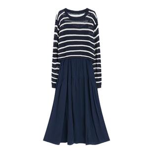 SANI两件套装条纹撞色拼接罩衫吊带连衣裙套装26秋长裙女A字裙女