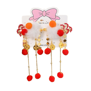 新年发夹儿童2025新款毛球流苏边夹女童节日礼物穿搭装饰抓夹头饰