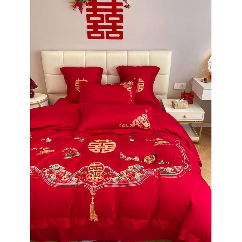 高档中式纯棉结婚四件套红色百子图刺绣被套全棉婚庆床上用品婚房