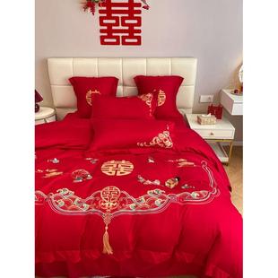 高档中式 纯棉结婚四件套红色百子图刺绣被套全棉婚庆床上用品婚房