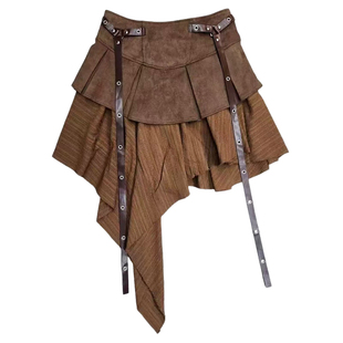 VIVICATHY2025秋美式复古咖色半身裙女不规则麂皮拼接辣妹a字裙