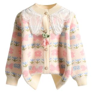 女童花边领毛衣开衫春秋装2025新款公主风花朵针织衫儿童外套线衣