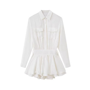 韩系小众减龄通勤风白色显瘦短裙新款轻熟温柔长袖连衣裙＋腰带