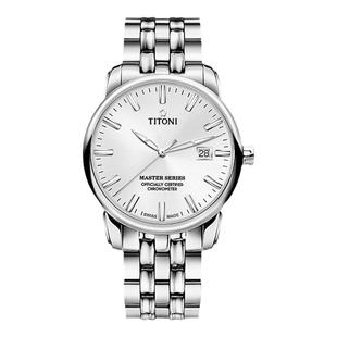 瑞士梅花表Titoni大师系列COSC天文台认证日历白黑盘钢带男士腕表