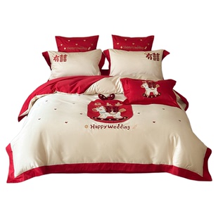 可爱小马双喜刺绣新婚庆四件套全棉红色结婚被套床单1.8床笠纯棉