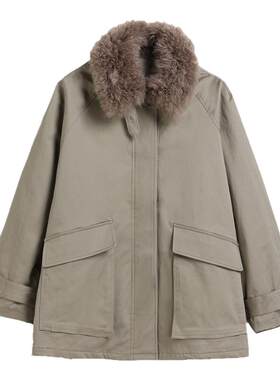 蒲PUKKA 秋冬棉服女羊毛领宽松中长款派克服棉衣外套
