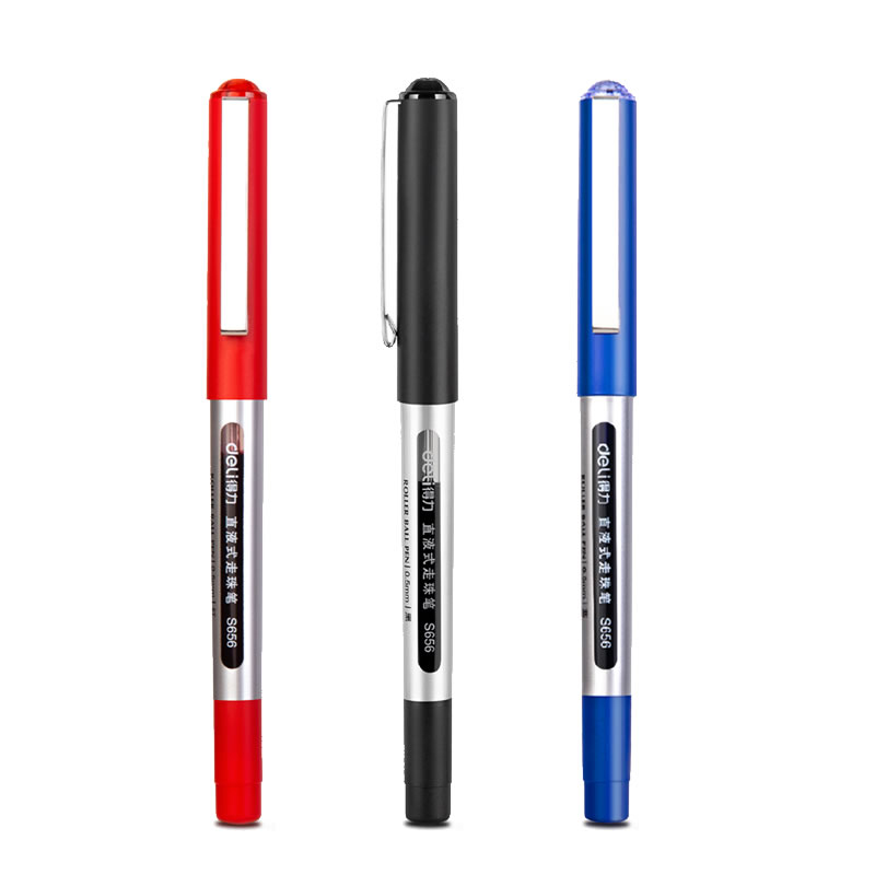 得力直液式走珠笔S656黑色红色蓝色商务中性笔办公签字笔0.5子弹头水笔学生用笔Z1速干Q1全针管大容量直液笔