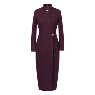 紫红色旗袍秋冬女新中式羊毛通勤日常连衣裙改良元旦新年焕新战袍