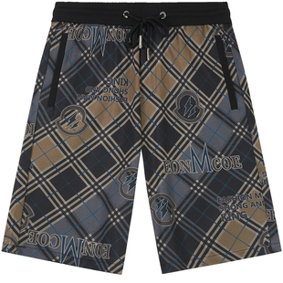 BM印花格子美式复古5分短裤男冰丝沙滩裤子潮流男士轻奢休闲裤夏