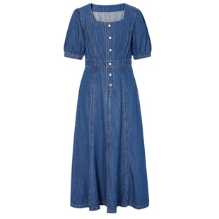 伊芙丽法式方领纽扣设计牛仔连衣裙女海边度假风夏装气质绝美裙子