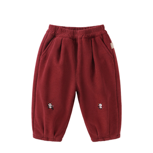 咔咔熊猫宝宝加绒裤子冬装儿童加厚长裤男童女童冬季年装红色棉裤