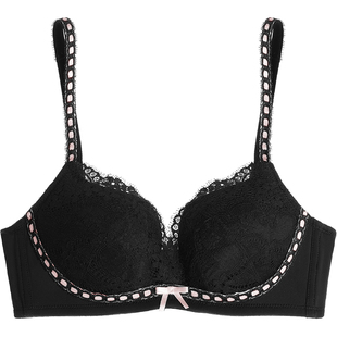 好奇蜜斯小胸聚拢内衣女显大蕾丝无钢圈文胸罩套装薄性感防下垂黑