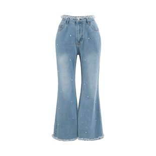 【明星同款】UNIFREEPLUS大码拖地牛仔裤女蕾丝高腰阔腿微喇裤