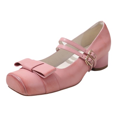 3.5cm真皮蝴蝶结玛丽珍粗跟单鞋