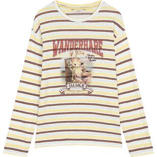 妖精的口袋撞色条纹印花长袖t恤女2026年早春新款设计感小众上衣