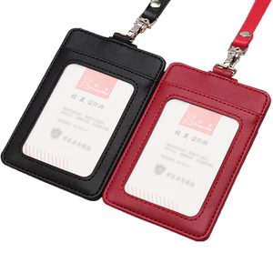 棕鼠高档皮革工作牌商务展会工作证员工卡套夹证件套学生皮挂绳胸卡多卡位耳朵搭扣时尚竖款可定制广告LOGO