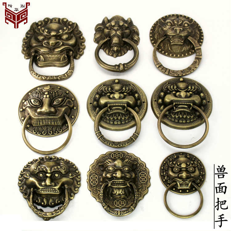 大门铜拉手纯铜仿古把手中式兽面门把手复古木门大门黄铜虎头拉环