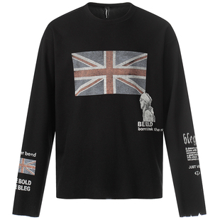 OV原创/美式亚文化做旧水洗长袖T恤女春季小众潮牌宽松毛边上衣男