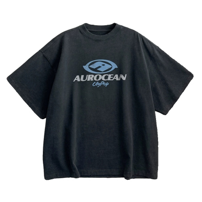 Aurocean 炒色做旧黑色T恤 320克重磅全棉美式复古宽松大版短袖