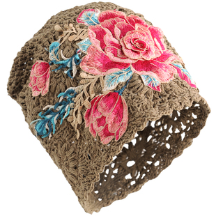 帽子女民族风刺绣花遮白发勾花棉线针织镂空头巾帽春夏秋季包头帽