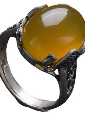 925银蛋面黄玉髓戒指女2025年轻奢高级感个性民族风指环饰品