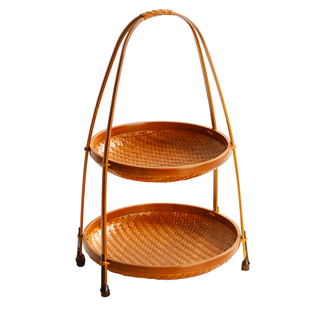 大漆竹编手提双层提篮茶点盘水果盘家用竹篮围炉煮茶零食盘点心盘