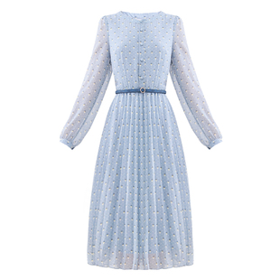 未风蓝色雪纺裙女2026春新款女装气质裙子收腰长袖连衣裙高档长裙