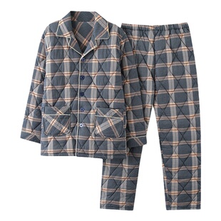 浪莎睡衣男款冬季三层夹棉纯棉加厚保暖中老年男款全棉家居服套装
