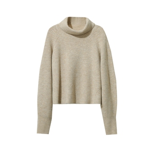 Amii2025冬新款慵懒风高领短款插肩袖宽松套头侧开衩羊毛纱毛衣女